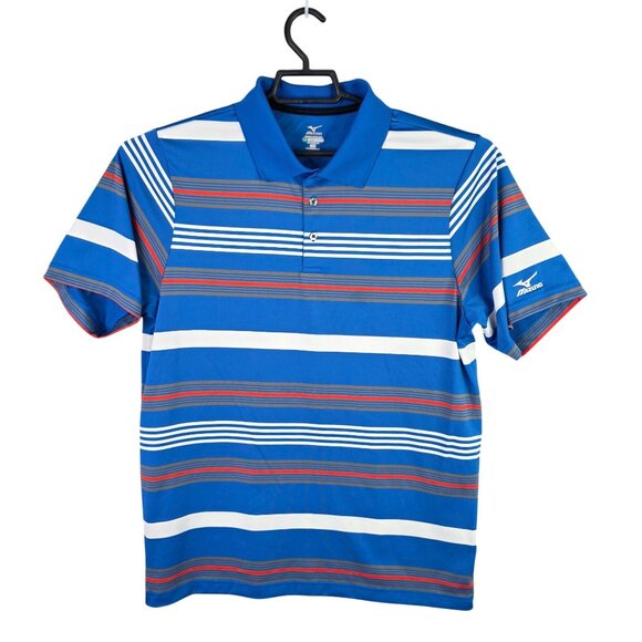 Mens Mizuno Blue Striped Polo Shirt Short Sleeve Microclimate Polyester Size M - Picture 1 of 9
